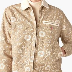 Women's Ellis Floral Duck Canvas Jacket - Dickies US Trendy Floral Print Outerwear For Work, Trendy Cotton Outerwear With Floral Print, Fall Floral Print Cotton Outerwear, Winter Cotton Cropped Collared Jacket, Retro Floral Print Winter Outerwear, Beige Cotton Cropped Jacket For Winter, Vintage Floral Print Outerwear For Work, Collared Floral Print Outerwear For Fall, Collared Floral Print Fall Outerwear