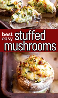 stuffed mushrooms with cheese and other toppings in a casserole dish