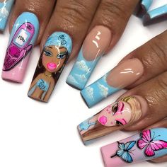 Vine Red Nails, Bratz Nails Art, Bratz Nails Acrylic, Red Nails Y2k, Bratz Inspired Nails, Bratz Nails Design, 90 Nails The 90s Art Designs, Nail Art Character, Cartoon Character Nails