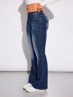 Dark Wash  Collar  Denim Plain Flare Leg Embellished High Stretch  Women Clothing Low Waist Jeans Flare, Cheap Full Length Dark Wash Flare Jeans, Cheap Dark Wash Mid-rise Flares, Slim Fit Dark Wash Denim Flare Jeans, Cheap Full-length Dark Wash Flare Jeans, Cheap Non-stretch Denim Flare Jeans, Jeans Highwaist, Tvd Dr, Womens Flare Jeans