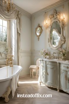 an elegant bathroom with antique furniture and mirrors