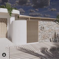 an artistic rendering of a house with stone walls and wooden slats on the outside