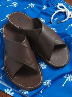 Soft & Comfortable Summer Sandals - The Ben Silver Collection Classic Brown Flip Flops For The Beach, Classic Brown Flip Flops For Beach, Brown Slides With Rubber Sole For Vacation, Classic Brown Slides With Leather Lining, Classic Mules With Leather Footbed For Vacation, Classic Brown Slides With Leather Sole, Classic Leather Mules For Vacation, Round Toe Sandals With Oiled Leather Sole, Oiled Leather Sandals With Round Toe