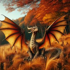 a dragon sitting on top of a field next to tall brown grass and orange trees