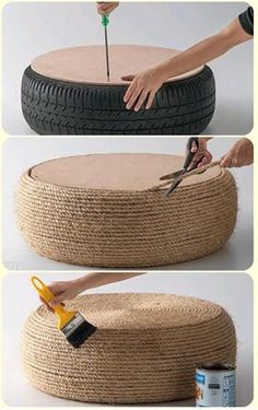 a person cutting rope with scissors on top of a large round ottoman covered in jute