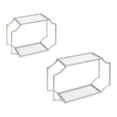 two white glass shelves with one shelf on each side and the other in the middle