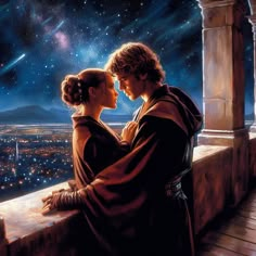 a painting of two people standing next to each other looking at the stars in the sky