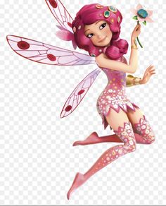 a cartoon fairy with pink hair holding a flower