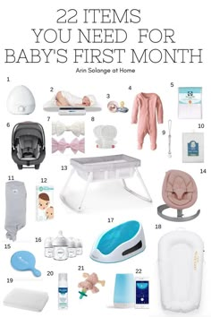 a baby's first month gift guide with items for the baby to have in their home