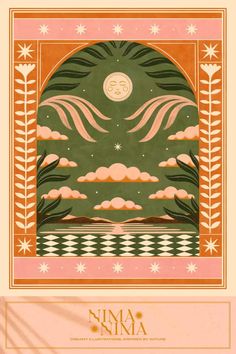 an art deco poster with the moon and clouds in green, orange and pink colors