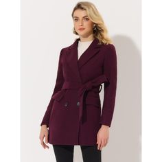 The long trench coat is shaped in a classic double-breasted cut. This soft, elegant coat with a tie around the waist detail is a classic look and will keep you warm in the cool weather. Whether you want to dress up your look or just stay warm in casual winter, it is a better choice for you. The self-tie belt style is flattering and fits more different body shapes. Chic Formal Pea Coat With Belted Cuffs, Chic Pea Coat With Belted Cuffs For Formal Occasions, Formal Long Pea Coat With Belted Cuffs, Elegant Office Pea Coat With Belted Cuffs, Formal Double-breasted Wool Coat With Belted Cuffs, Elegant Double-breasted Belted Wool Coat, Elegant Pea Coat With Belted Cuffs And Long Sleeves, Elegant Pea Coat With Belted Cuffs, Elegant Long Sleeve Pea Coat With Belted Cuffs