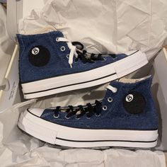 Size 9 - Converse Stussy X Chuck 70 High 8 Ball Blue Converse Custom Sneakers, Stussy Converse, Cute Converse Shoes, Cute Converse, Men's Converse, Outfits Hombre, Shoes World, Shoes Converse, 8 Ball