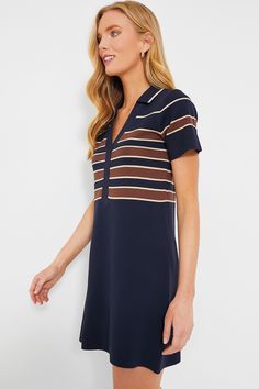 We made the Midnight Cacao Wright Polo Dress for a piece of tasteful elegance in your casual everyday wardrobe. This knit mini boasts a V-neckline, sporty ribbed collar, and a class stripe design. Style with sneakers or ballet flats and a crossbody for an elevated day look that can carry you from work to play with ease! V-neckline with ribbed collar Short sleeves Striped design around bodice Straight silhouette Pull-on style Mini length Material: 60% Polyester, 40% Viscose Care: Hand wash cold, Casual Striped Ribbed Mini Dress, Plus And Minus, Cocktail Attire, The Midnight, Navy And Brown, Polo Dress, Casual Everyday, A Class, Everyday Wardrobe