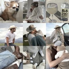 a collage of photos with people, dogs and alcohol bottles in them as well as an image of a woman holding a baby