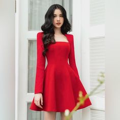 Question? Leave On The Comment Below! Short Red Dress Formal Long Sleeve, Red Dama Dresses Long Sleeve, Red Short Formal Dresses Long Sleeve, Chic Red A-line Mini Dress, Red Chic Fit And Flare Mini Dress, Elegant Red Mini Dress With Square Neck, Formal Red Fit And Flare Mini Dress, Red Square Neck Dresses For Winter, Red Fit And Flare Mini Dress