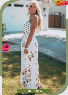 White Striped Floral Print Sleeveless Maxi Dress with Pocket White Floral Print Sleeveless Maxi Dress, White Sleeveless Summer Maxi Dress, White Floral Print Maxi Sleeveless Dress, Floral Stripe, Sleeveless Maxi Dress, White Stripe, Floral Print, On Sale, Floral Prints