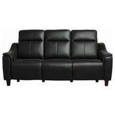 a black leather couch sitting on top of a white floor