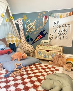 a child's bedroom with toys on the floor