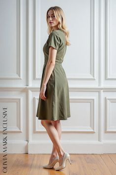 Olivia Mark - Elegant Olive Green Midi Dress with Classic Buttons - A Sophisticated Silhouette Olive Fitted Knee-length Dress, Fitted Dress With Pleated Waist, Olive Fitted Casual Dress, Fitted Solid Color Dress With Pleated Waist, Fitted Olive Casual Dress, Casual Fitted Olive Dress, Olive Fitted V-neck Dress, Elegant Olive Dress For Spring, Elegant Fitted Olive Dress