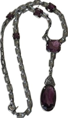 Antique Purple Metal Jewelry, Purple Art Deco Jewelry For Formal Occasions, Purple Art Deco Jewelry For Formal Events, Art Deco Purple Jewelry For Formal Occasions, Elegant Purple Necklace With Lobster Clasp, Purple Filigree Formal Jewelry, Ornate Purple Gemstone Necklace, Formal Purple Filigree Jewelry, Purple Filigree Jewelry For Formal Occasions