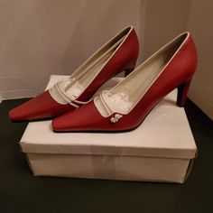 Beautiful Vintage Dark Cherry Red Heels In Size 7.5 M With A Bit Of White As Well. The Heels Measures 3 Inches In Height. They Will Arrive In Original Box. Lowered To $18.00 Firm Last And Final Drop To $15.00 Thank You For Your Business Red Heels With Contrasting Heel Counter, Red Heels With Contrasting Heel Counter And Low Heel, Red Round Toe Court Shoes For Formal Occasions, Red Court Shoes With Round Toe For Formal Occasions, Red Pointed Toe Heels With Contrasting Heel Counter, Red Closed Toe Synthetic Court Shoes, Red Synthetic Closed Toe Court Shoes, Classic Red Low Heel Court Shoes, Red Medium Width Court Shoes With Padded Heel