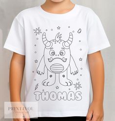 Looking for a fun and creative way to entertain your kids on weekends or to give as party favors? Look no further than our personalized white cotton colour me-in t-shirts! These t-shirts are perfect for unleashing your child's artistic side while keeping them stylishly clad. Our t-shirts are made from 100% cotton and printed using DTG technology, ensuring brilliant and long-lasting colors. Available in sizes 1-12 years, each shirt is personalized by printing your child's name right on the front Fun White T-shirt As A Gift, White T-shirt With Cartoon Print For Gift, White Cartoon Print T-shirt For Gifts, Customizable Funny White T-shirt, Playful White Customizable T-shirt, Playful Customizable White T-shirt, Funny White Customizable T-shirt, Funny Customizable White T-shirt, White School T-shirt With Character Print