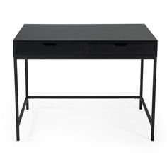 a black desk with two drawers sitting on it's side, against a white background