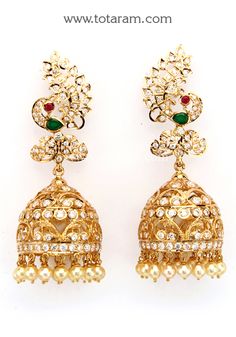 22 Karat Gold ' Peacock' Jhumkas (Buttalu) - Gold Dangle Earrings with Cz , Color Stones & Japanese Culture Pearls - 235-GJH2231 - in 40.150 Grams for USD $2871.75. 
Made in India by Totaram Jewelers Online this product is in Gold - 22 Karat BIS Hallmark 916 KDM Gold  & is an excellent gift for Adult - Women. Ships fully insured with secured guaranteed delivery for free with your order over $250 from New Jersey USA & comes with 30 days exchange policy. Gold Chandbali Jhumkas With Peacock Design, Yellow Gold Jhumkas For Reception And Festivals, Festive Peacock Design Earrings For Reception, 22k Gold Chandbalis With Peacock Design For Wedding, Gold Bollywood Jhumkas With Peacock Design, 22k Gold Earrings With Peacock Design For Wedding, 22k Gold Jhumkas With Peacock Design For Celebration, Gold Kundan Jhumkas With Peacock Design, 22k Gold Earrings With Peacock Design For Festivals