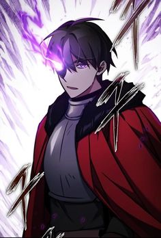 an anime character with purple hair and red cape standing in front of some lightnings