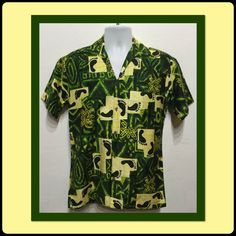 "Vintage 1960s Hawaiian shirt by Barefoot in Paradise. Size small The cotton Hawaiian shirt has a bold abstract tiki style design made up of shades of greens and yellows. The shirt has a pointed collar, a five button down front, short sleeves and one patch pocket.   The label states Go Barefoot in Paradise  Size small Honolulu, Hawaii The shirt is in good vintage condition.  MEASUREMENTS: (All measurements were taken lying flat) Shoulders -17.5'' (measured on back of the shirt from seam to seam) Green Fitted Shirt For Beach, Casual Green Tops With Bold Print, Casual Green Top With Bold Print, Green Hawaiian Camp Collar Top, Green Retro Print Short Sleeve Tops, Green Short Sleeve Tops With Retro Print, Green Casual Shirt With Retro Print, Casual Green Shirt With Retro Print, Green Hawaiian Shirt With Graphic Print