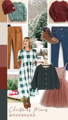 a collage of clothes, shoes and clothing items with the words christmas minis mood board