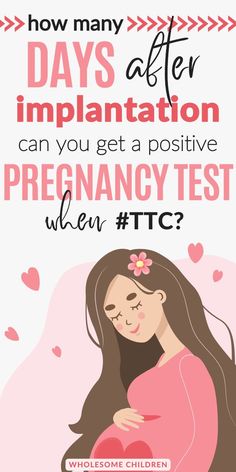 A drawing of a pregnant woman in a pink dress lovingly holding her pregnant bump. Text overlay - How many days after implantation can you get a positive pregnancy test when TTC? Tracking Ovulation, Implantation Symptoms, Ovulation Tracking