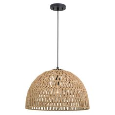 a light fixture made out of bamboo with a black metal rod and an oval shape