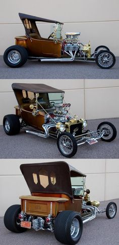 three different views of an old model car