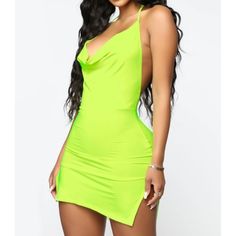 Brand New Neon Green Size Xl Very Stretchy Light Material Neon Party Dress Mini, Green Backless Bodycon Dress For Spring, Green Casual Mini Dress For Club, Casual Green Mini Dress For Club, Green Backless Sundress Mini Dress, Trendy Yellow Mini Dress, Green Backless Mini Dress For Spring, Trendy Yellow V-neck Mini Dress, Yellow Backless Dress For Date Night