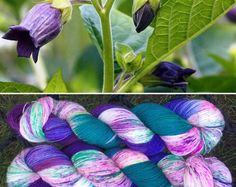 two pictures one with purple and green yarn, the other with blue and white yarn