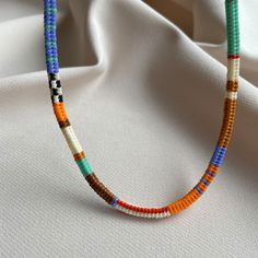 Colourful Miyuki Beaded Necklace, Handwoven Necklace - Etsy Heishi Bead Necklace With Round Beads As Gift, Heishi Bead Necklaces With Round Beads As Gifts, Multicolor Heishi Beads Necklace For Gift, Bohemian Orange Beaded Necklace With Letter Beads, Handmade Heishi Beads Necklace With Round Beads, Multicolor Handwoven Beads As A Gift, Adjustable Handwoven Beaded Necklace As Gift, Miyuki Bead Necklace, Male Necklace