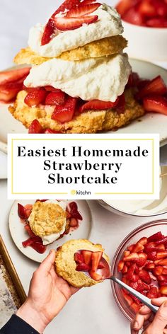 someone cutting strawberries into shortcakes with the words easy homemade strawberry shortcake