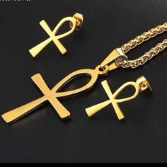 Brand New Ankh/Crux Ansata Cross Key Of The Nile Necklace&Stud Earrings 18k Gold Plated Gold Color Egyptian Symbol Jewelry Set Chain Length 22” Elegant Ankh-shaped Metal Jewelry, Gold Ankh Metal Jewelry, Gold Ankh Shaped Metal Jewelry, Symbolic Yellow Gold Jewelry With Matching Earrings, Gold Symbolic Jewelry With Earrings Set, Symbolic Gold Dangle Jewelry, Gold Symbolic Dangle Jewelry, Elegant Ankh-shaped Gold Jewelry, Egyptian Earrings