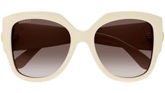 Gucci sunglasses model GG1407S GG Logo eyewear collection rectangle recycled acetate frame featuring shiny solid ivory frame and ivory lens. Chloe Kids, Sunglasses Model, Gg Logo, Gucci Sunglasses, Gradient Color, Face Shapes, Brown Color, Ray Bans, Saint Laurent