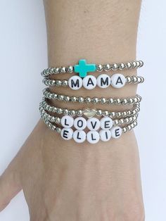 "Personalized Silver Plated Beaded Bracelets are so stunning and chic Wear one as a statement piece or create an original, beautiful, custom stack! These make fun, personalized gifts for moms, grandmas, sisters, brides to be, bridesmaids, flower girls, baby shower, graduations, birthdays, bachelorette party, best friends, teachers... the list is endless..  ►Discounts available starting from 3 items. Please contact us for more details. One discount per purchase. HOW TO ORDER:  ► Select your style Meaningful Handmade Jewelry With Round Beads, Handmade Meaningful Bracelets For Mother's Day, Handmade Inspirational Bracelets For Mother's Day, Meaningful Handmade Bracelets For Mother's Day, Inspirational Handmade Bracelets For Mother's Day, Handmade Inspirational Silver Bracelets, Handmade Inspirational Silver Bracelet, Customized Silver Beaded Bracelets For Birthday, Inspirational Silver Beaded Friendship Bracelets