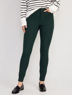 contoured waistband hook-and-bar closure zip fly hip pockets faux-welt back pockets sits at belly button fitted hip and thigh hits at ankle regular inseam: 27" petite inseam: 25" tall inseam: 31" models are approx.  5'9" and wear sizes s (size 4), l (size 12), and xl (size 18) Dark Green Pants Outfit Work, Dark Green Pants Outfit, Green Pants Outfit Work, Pixie Pants Outfit, Teaching Fits, Outfits Modernos, Therapist Outfit, Pants Outfit Work, Green Pants Outfit