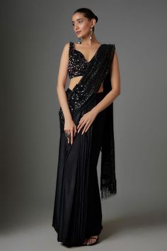 Black pre-stitched saree with sequin embellished pallu. Comes with padded embellished blouse. - Aza Fashions Black Sequin Saree, Stitched Saree, Drape Saree, Black Saree, Embellished Blouse, Sequins Embroidery, Saree With Blouse, Cut Work, Pant Set