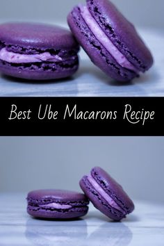 purple macarons are stacked on top of each other with the words best ube macarons recipe