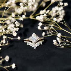 two wedding rings sitting next to flowers on a black cloth with white petals in the background