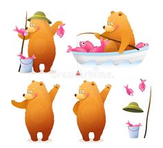 the bear is fishing in the boat with fish and other things to catch on it