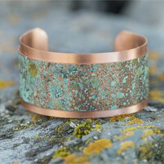 Are you known for your streak of unpredictability? So is patina jewelry! This cuff says: I am spontaneous, and I have a one-of-a-kind copper cuff bracelet to remind me to share that spontaneity with the world! 6"x1.25" copper base 5.5"x.88" patina section on top copper rivets at each end can be custom made in different sizes, email me for information Patina Art, Handmade Copper Jewelry, Green Items, Patina Jewelry, Hammered Copper Earrings, Hammered Jewelry, Art Jewelry Design, Copper Jewelry Handmade, Copper Cuff Bracelet