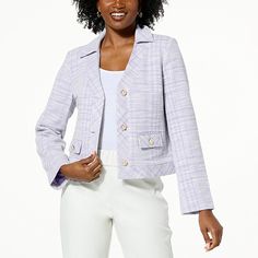 C Wonder by Christian Siriano Cropped Tweed Jacket  Add some edge to your look with this crepe knit cropped jacket featuring shiny logo metal snaps down the front, sweet ruffle trim, and 3/4-length sleeves for a variety of seasonal styles. Whether you're going out to dinner, a work (or Zoom) meeting, or checking out a concert, you'll be stylishly prepared and confident to step out in this flattering topper. Cropped Tweed Jacket For Spring Office Wear, Spring Tweed Cropped Jacket For Work, Cropped Tweed Jacket For Spring, Spring Tailored Tweed Jacket, Tailored Spring Tweed Jacket, Tailored Tweed Jacket For Spring, Ireland Fashion, Zoom Meeting, Look Classy