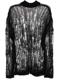 black knitted construction open knit distressed effect semi-sheer construction round neck long sleeves straight hem Black Distressed Crew Neck Sweater, Oversized Black Distressed Sweater, Black Pointelle Knit Sweater For Layering, Black Open Knit Crew Neck Sweater, Black Open Knit Sweater For Layering, Oversized Black Open Knit Sweater, Edgy Black Distressed Sweater, Icelandic Knitting, Yoji Yamamoto