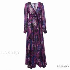 Lasaky - Luxurious Maxi Dress with Embroidered Leaves Dress Pro, Long Flowy Skirt, Leaves Print Dresses, Printed Long Dresses, Chiffon Long Sleeve, Necklines For Dresses, Long Sleeve Maxi, Lantern Sleeve, Maxi Wrap Dress